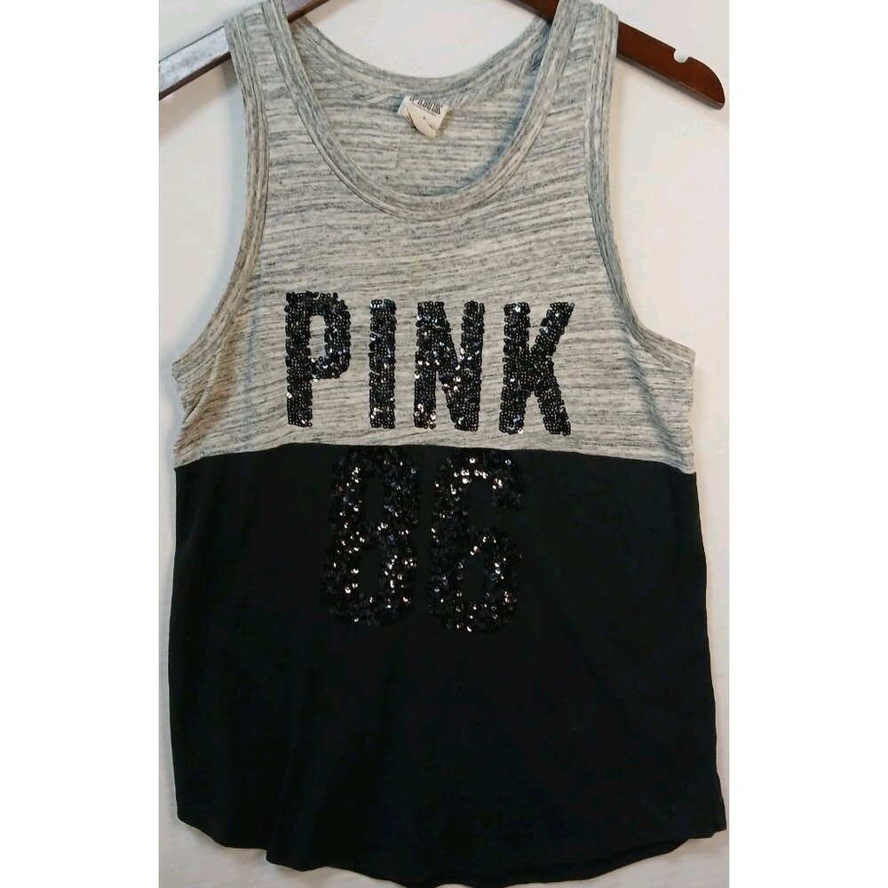 Victoria’s Secret PINK Sequin Tank Top Women’s Gray Black Racerback 86 Bling